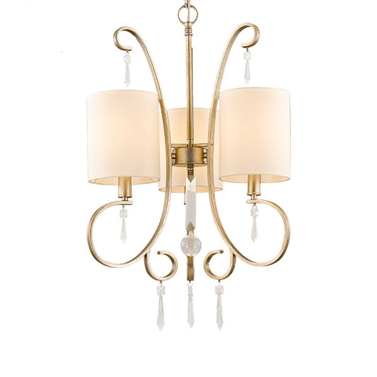 Gold Cylinder Chandelier Light Fixture Traditional Fabric 3-Bulb Metal Bedroom Hanging Lamp with Crystal Accent Clearhalo 'Ceiling Lights' 'Chandeliers' Lighting' options 1474631