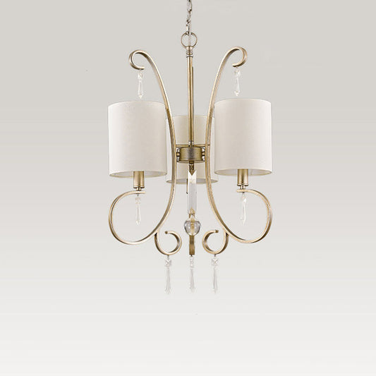 Gold Cylinder Chandelier Light Fixture Traditional Fabric 3-Bulb Metal Bedroom Hanging Lamp with Crystal Accent Clearhalo 'Ceiling Lights' 'Chandeliers' Lighting' options 1474632