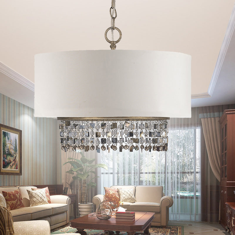 Fabric White Finish Ceiling Chandelier Drum Shade 5-Light Countryside Pendant Light Fixture with Crystal Droplet Clearhalo 'Ceiling Lights' 'Chandeliers' Lighting' options 1474634