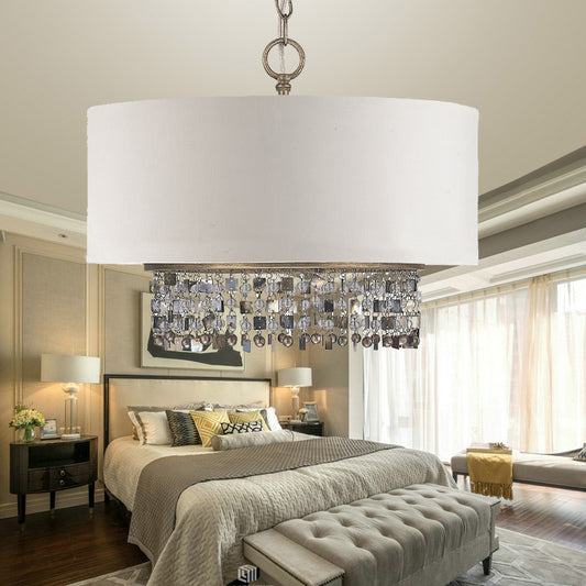 Fabric White Finish Ceiling Chandelier Drum Shade 5-Light Countryside Pendant Light Fixture with Crystal Droplet Clearhalo 'Ceiling Lights' 'Chandeliers' Lighting' options 1474635