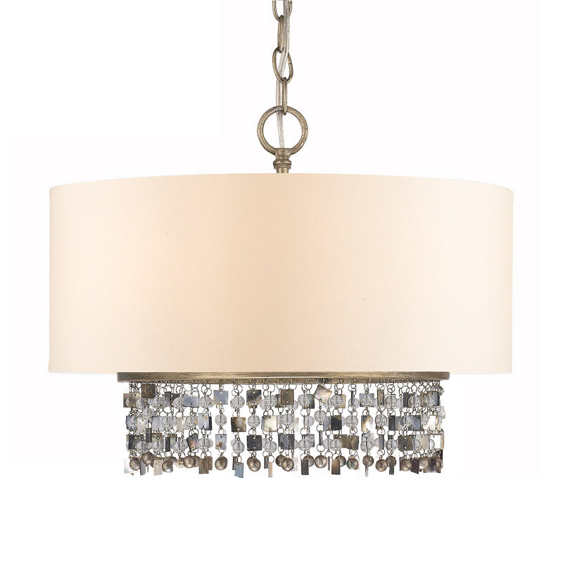 Fabric White Finish Ceiling Chandelier Drum Shade 5-Light Countryside Pendant Light Fixture with Crystal Droplet Clearhalo 'Ceiling Lights' 'Chandeliers' Lighting' options 1474636