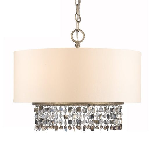Fabric White Finish Ceiling Chandelier Drum Shade 5-Light Countryside Pendant Light Fixture with Crystal Droplet Clearhalo 'Ceiling Lights' 'Chandeliers' Lighting' options 1474636