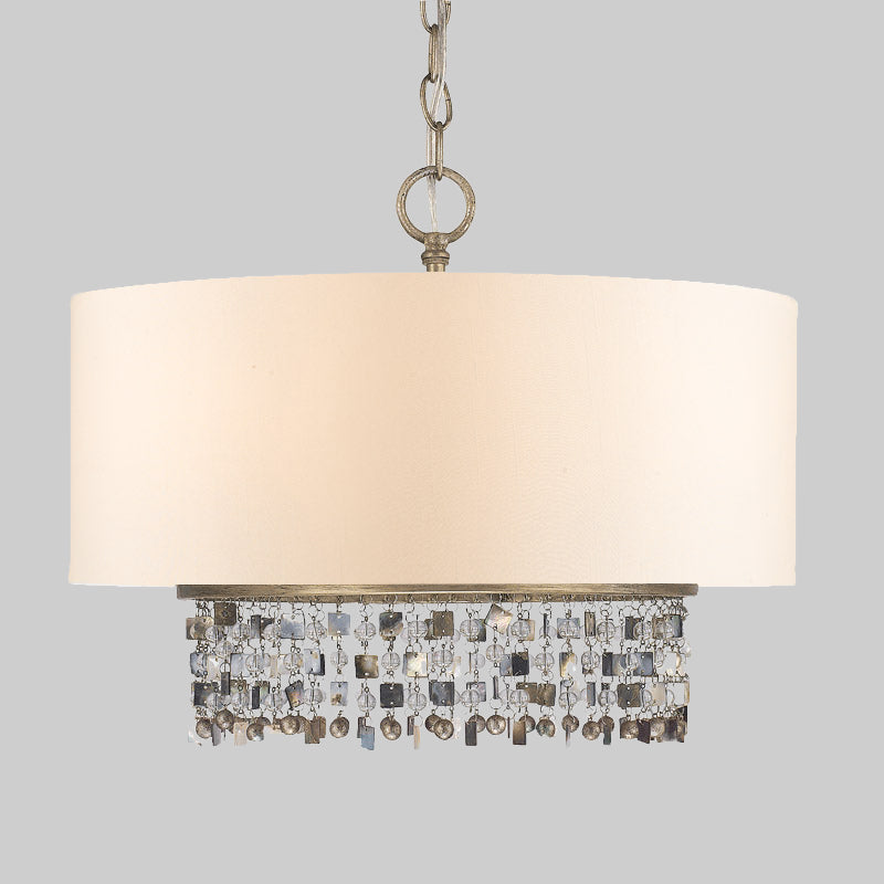 Fabric White Finish Ceiling Chandelier Drum Shade 5-Light Countryside Pendant Light Fixture with Crystal Droplet Clearhalo 'Ceiling Lights' 'Chandeliers' Lighting' options 1474637