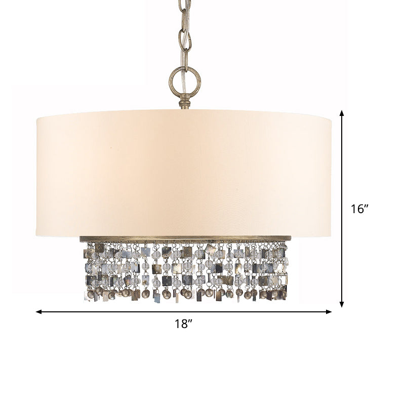 Fabric White Finish Ceiling Chandelier Drum Shade 5-Light Countryside Pendant Light Fixture with Crystal Droplet Clearhalo 'Ceiling Lights' 'Chandeliers' Lighting' options 1474638
