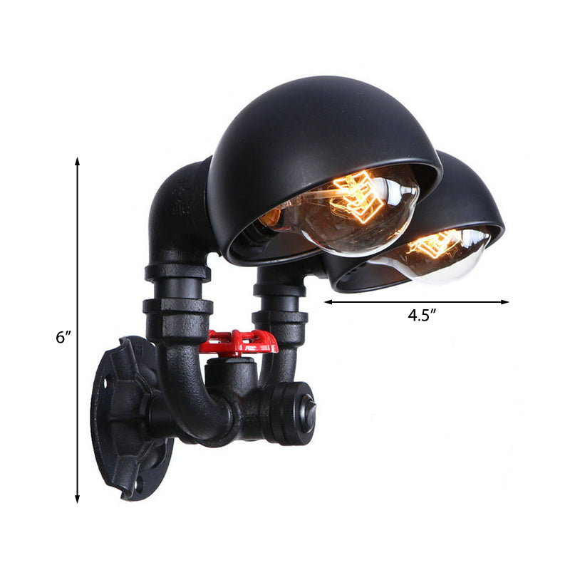 Metallic Dome Shade Wall Light Antique Style 2 Lights Corridor Sconce Light Fixture with Pipe Design in Black Clearhalo 'Art deco wall lights' 'Cast Iron' 'Glass' 'Industrial wall lights' 'Industrial' 'Middle century wall lights' 'Modern' 'Rustic wall lights' 'Tiffany' 'Traditional wall lights' 'Wall Lamps & Sconces' 'Wall Lights' Lighting' 147464