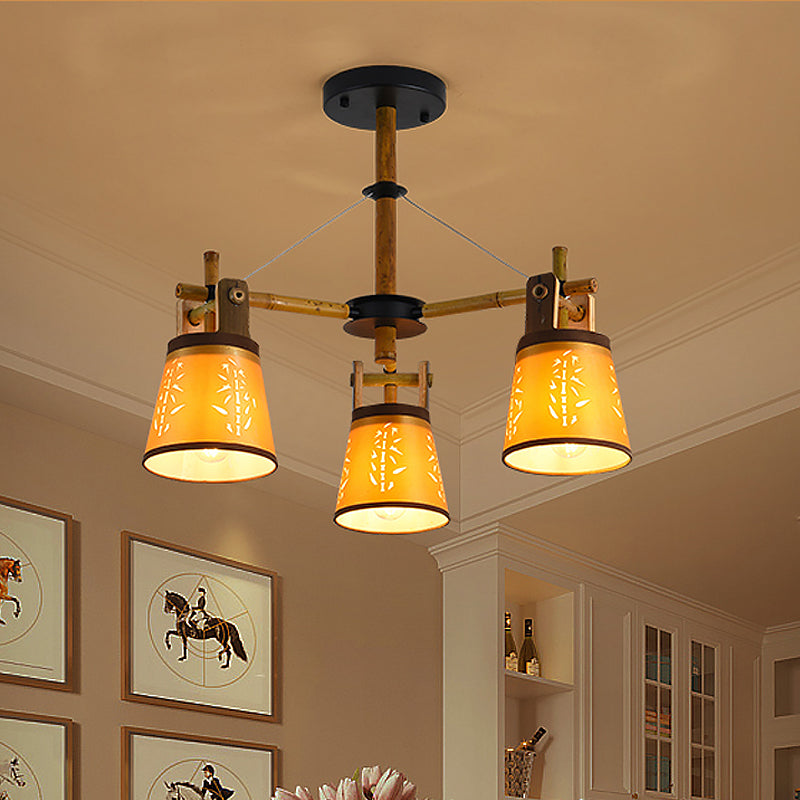 Tapered Fabric Chandelier Country Style 3/6/8 Bulbs Living Room Hanging Lamp Kit with Wood Shelf Design Clearhalo 'Ceiling Lights' 'Chandeliers' Lighting' options 1474695