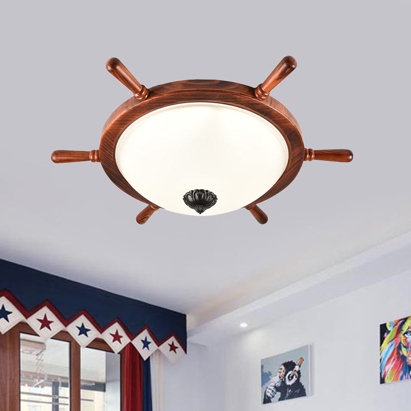 Brown 2-Light Flush Mount Light Rural Style Opal Glass Bowl Shade Close to Ceiling Lighting with Wood Frame