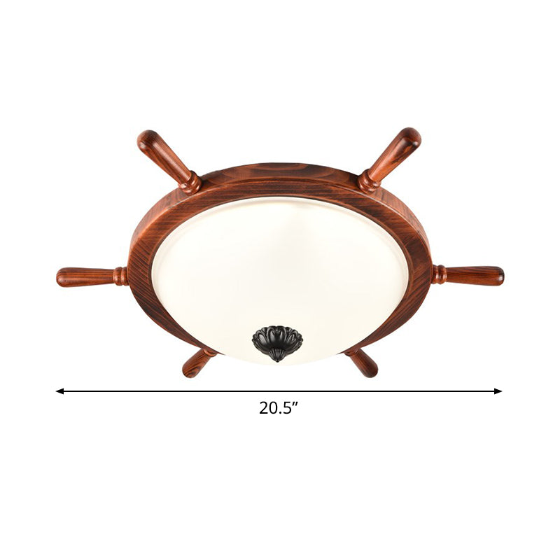 Brown 2-Light Flush Mount Light Rural Style Opal Glass Bowl Shade Close to Ceiling Lighting with Wood Frame