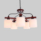 Retro Cylindrical Hanging Chandelier 5 Lights Cream Glass Drop Pendant in Brown with Wooden Arm Clearhalo 'Ceiling Lights' 'Chandeliers' Lighting' options 1474717