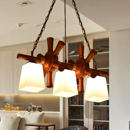 White Glass Brown Island Pendant Light Trapezoid 3 Bulbs Countryside Ceiling Lamp with Wooden Rudder Deco Brown Clearhalo 'Ceiling Lights' 'Island Lights' Lighting' 1474719