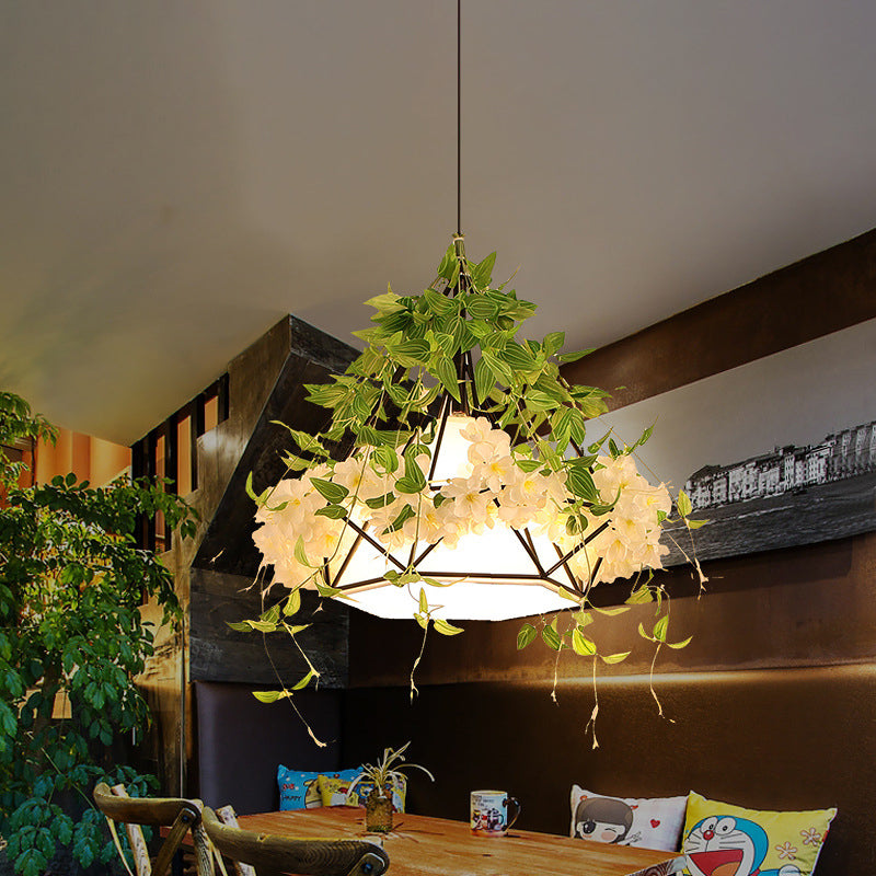 White/Pink 1-Bulb Ceiling Lamp Industrial Iron Diamond Cage Drop Pendant with Cherry Blossom Decor, 10"/15"/18" Wide Clearhalo 'Art Deco Pendants' 'Cast Iron' 'Ceiling Lights' 'Ceramic' 'Crystal' 'Industrial Pendants' 'Industrial' 'Metal' 'Middle Century Pendants' 'Pendant Lights' 'Pendants' 'Tiffany' Lighting' 1474744