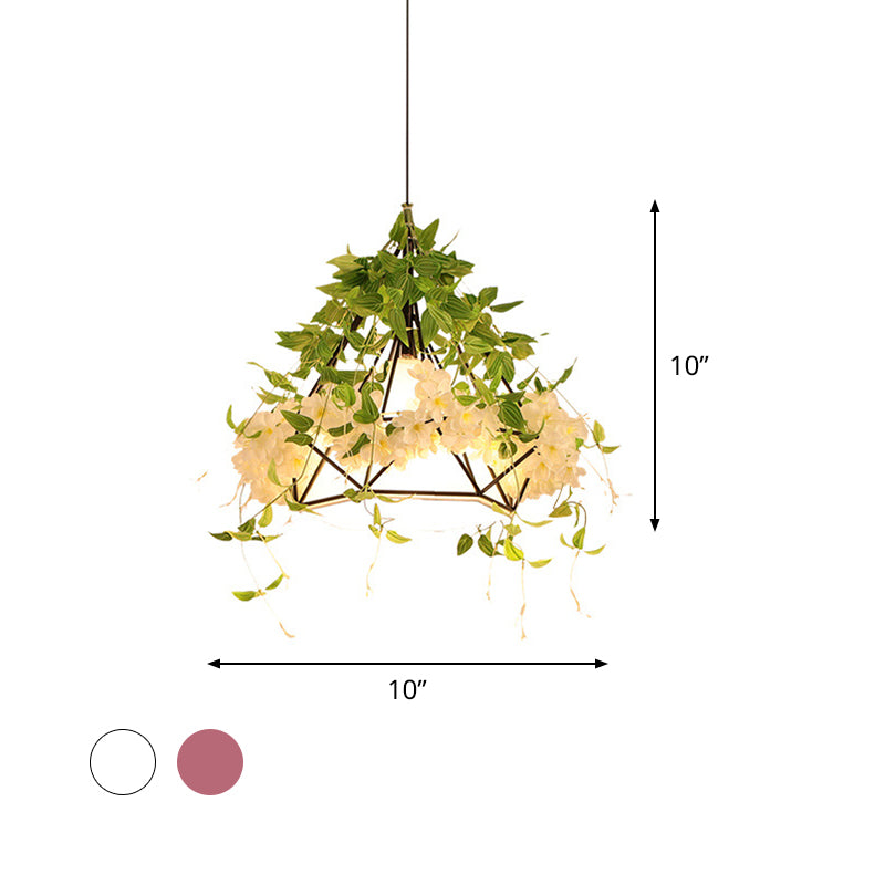 White/Pink 1-Bulb Ceiling Lamp Industrial Iron Diamond Cage Drop Pendant with Cherry Blossom Decor, 10"/15"/18" Wide Clearhalo 'Art Deco Pendants' 'Cast Iron' 'Ceiling Lights' 'Ceramic' 'Crystal' 'Industrial Pendants' 'Industrial' 'Metal' 'Middle Century Pendants' 'Pendant Lights' 'Pendants' 'Tiffany' Lighting' 1474748