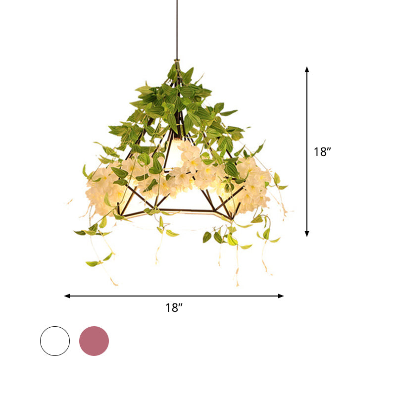 White/Pink 1-Bulb Ceiling Lamp Industrial Iron Diamond Cage Drop Pendant with Cherry Blossom Decor, 10"/15"/18" Wide Clearhalo 'Art Deco Pendants' 'Cast Iron' 'Ceiling Lights' 'Ceramic' 'Crystal' 'Industrial Pendants' 'Industrial' 'Metal' 'Middle Century Pendants' 'Pendant Lights' 'Pendants' 'Tiffany' Lighting' 1474750