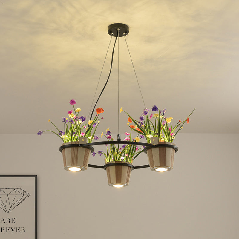 Wooden Round Ceiling Chandelier Industrial 3/6/9 Lights Restaurant Pendant in Black with Potted Plant Clearhalo 'Cast Iron' 'Ceiling Lights' 'Chandeliers' 'Industrial Chandeliers' 'Industrial' 'Metal' 'Middle Century Chandeliers' 'Rustic Chandeliers' 'Tiffany' Lighting' 1474755