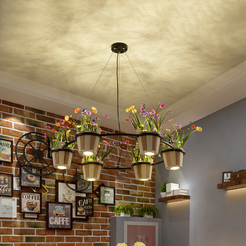 Wooden Round Ceiling Chandelier Industrial 3/6/9 Lights Restaurant Pendant in Black with Potted Plant 6 Black Clearhalo 'Cast Iron' 'Ceiling Lights' 'Chandeliers' 'Industrial Chandeliers' 'Industrial' 'Metal' 'Middle Century Chandeliers' 'Rustic Chandeliers' 'Tiffany' Lighting' 1474761