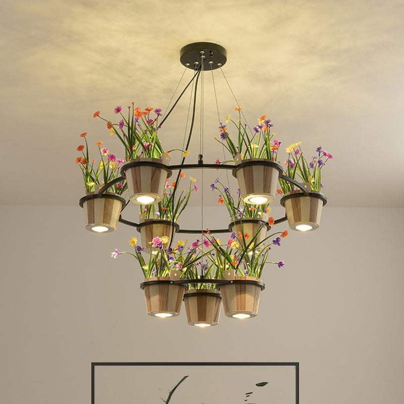 Wooden Round Ceiling Chandelier Industrial 3/6/9 Lights Restaurant Pendant in Black with Potted Plant Clearhalo 'Cast Iron' 'Ceiling Lights' 'Chandeliers' 'Industrial Chandeliers' 'Industrial' 'Metal' 'Middle Century Chandeliers' 'Rustic Chandeliers' 'Tiffany' Lighting' 1474765
