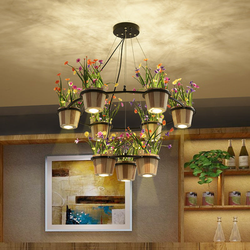 Wooden Round Ceiling Chandelier Industrial 3/6/9 Lights Restaurant Pendant in Black with Potted Plant 9 Black Clearhalo 'Cast Iron' 'Ceiling Lights' 'Chandeliers' 'Industrial Chandeliers' 'Industrial' 'Metal' 'Middle Century Chandeliers' 'Rustic Chandeliers' 'Tiffany' Lighting' 1474766