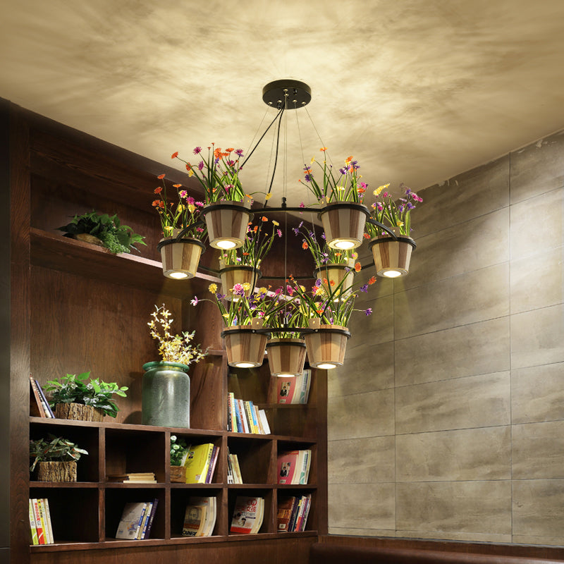 Wooden Round Ceiling Chandelier Industrial 3/6/9 Lights Restaurant Pendant in Black with Potted Plant Clearhalo 'Cast Iron' 'Ceiling Lights' 'Chandeliers' 'Industrial Chandeliers' 'Industrial' 'Metal' 'Middle Century Chandeliers' 'Rustic Chandeliers' 'Tiffany' Lighting' 1474767