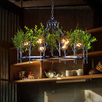 hanging nickel plant Nickel 6 Heads Chandelier Lamp Industrial Iron Circular Hanging Light Fixture with Plant Decor