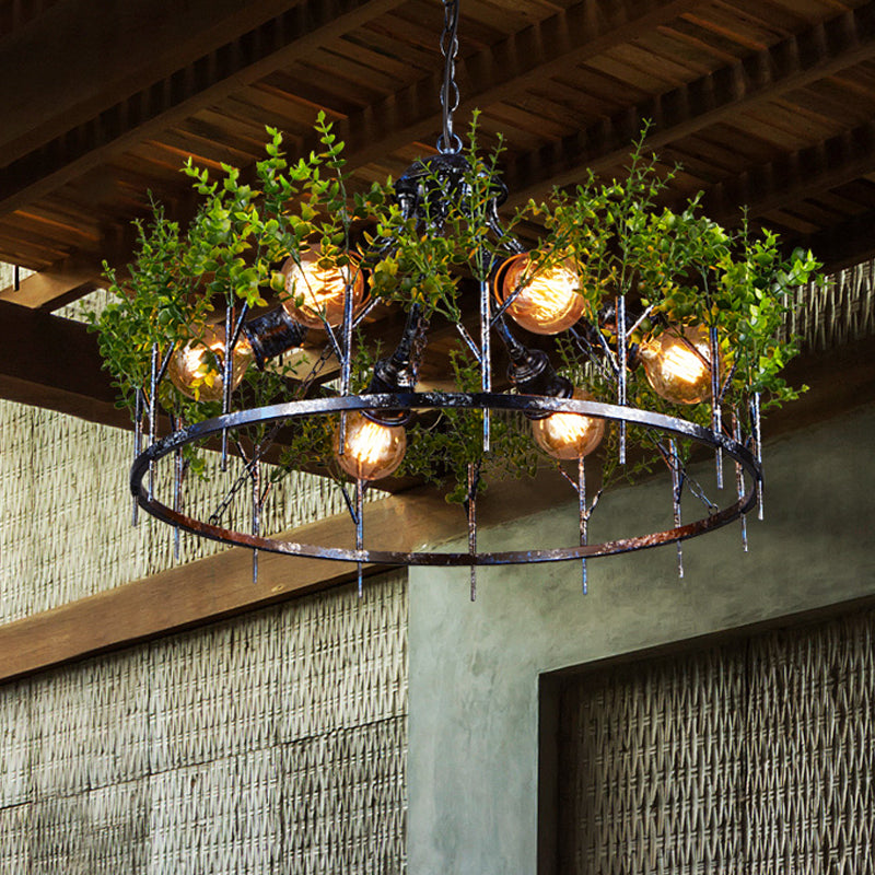 Nickel 6 Heads Chandelier Lamp Industrial Iron Circular Hanging Light Fixture with Plant Decor Clearhalo 'Cast Iron' 'Ceiling Lights' 'Chandeliers' 'Industrial Chandeliers' 'Industrial' 'Metal' 'Middle Century Chandeliers' 'Rustic Chandeliers' 'Tiffany' Lighting' 1474772