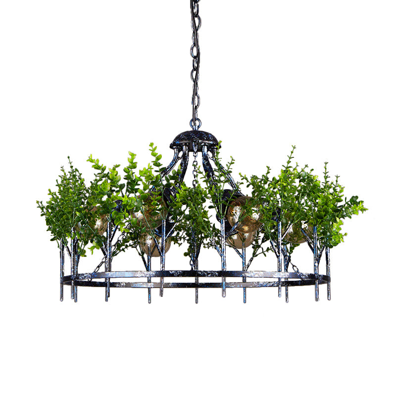 hanging nickel plant Nickel 6 Heads Chandelier Lamp Industrial Iron Circular Hanging Light Fixture with Plant Decor