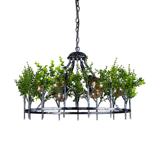 Nickel 6 Heads Chandelier Lamp Industrial Iron Circular Hanging Light Fixture with Plant Decor Clearhalo 'Cast Iron' 'Ceiling Lights' 'Chandeliers' 'Industrial Chandeliers' 'Industrial' 'Metal' 'Middle Century Chandeliers' 'Rustic Chandeliers' 'Tiffany' Lighting' 1474773