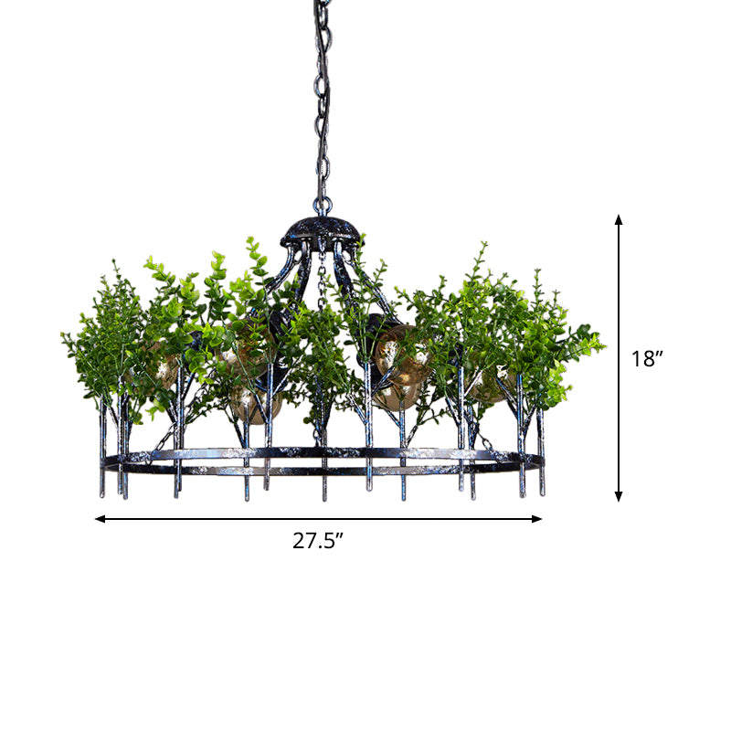 Nickel 6 Heads Chandelier Lamp Industrial Iron Circular Hanging Light Fixture with Plant Decor Clearhalo 'Cast Iron' 'Ceiling Lights' 'Chandeliers' 'Industrial Chandeliers' 'Industrial' 'Metal' 'Middle Century Chandeliers' 'Rustic Chandeliers' 'Tiffany' Lighting' 1474774