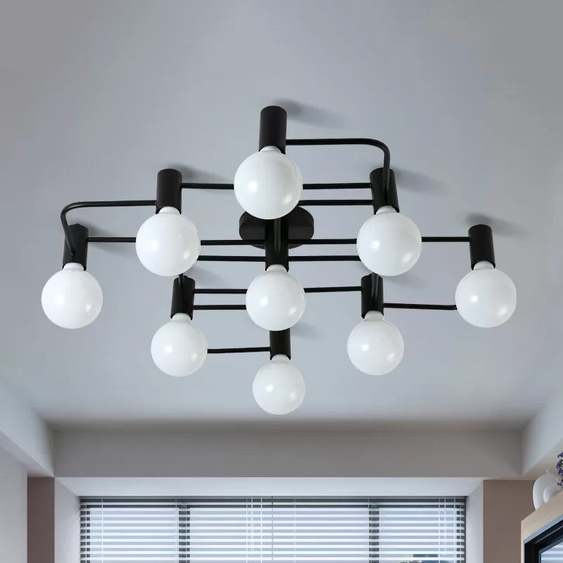 White/Black 9 Heads Ceiling Light Industrial Iron Bulb Shape Semi Flush Mount Lighting with Maze Design Clearhalo 'Ceiling Lights' 'Close To Ceiling Lights' 'Close to ceiling' 'Semi-flushmount' Lighting' 1474793