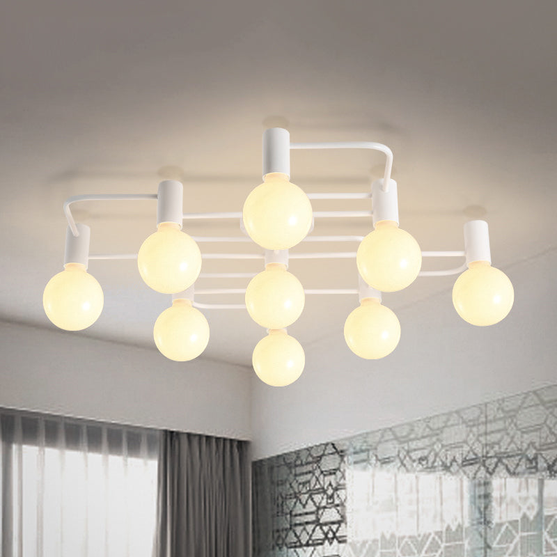 White/Black 9 Heads Ceiling Light Industrial Iron Bulb Shape Semi Flush Mount Lighting with Maze Design Clearhalo 'Ceiling Lights' 'Close To Ceiling Lights' 'Close to ceiling' 'Semi-flushmount' Lighting' 1474798