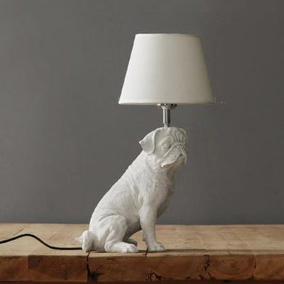Dog Study Room Table Light with Fabric Shade Resin Single Bulb Modern Table Lamp in White White Pug - Standing Clearhalo 'Lamps' 'Table Lamps' Lighting' 14748