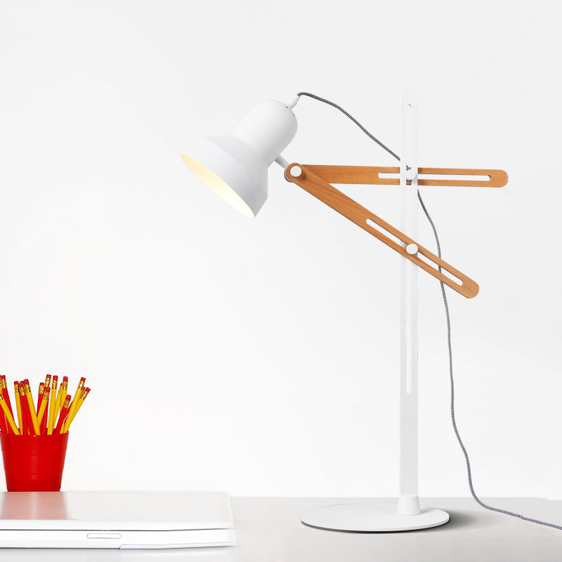 Barn Bedroom Night Table Light Industrial Iron 1 Light White Nightstand Lighting with Wooden Arm Clearhalo 'Lamps' 'Table Lamps' Lighting' 1474813