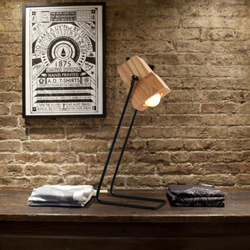 Black Trapezoid Night Table Lamp Farmhouse Wooden LED Bedroom Nightstand Light with Angled Base Clearhalo 'Lamps' 'Table Lamps' Lighting' 1474819