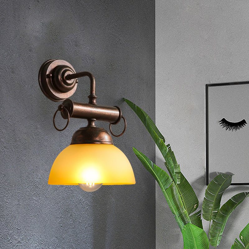 Bronze Bowl Wall Sconce Light Farmhouse White/Yellow Glass 1 Head Restaurant Wall Lighting Fixture Yellow Clearhalo 'Art deco wall lights' 'Cast Iron' 'Glass' 'Industrial wall lights' 'Industrial' 'Middle century wall lights' 'Modern' 'Rustic wall lights' 'Tiffany' 'Traditional wall lights' 'Wall Lamps & Sconces' 'Wall Lights' Lighting' 1474857