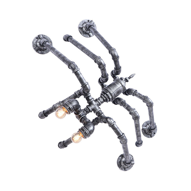 2 Bulbs Iron Wall Mount Lighting Industrial Style Bronze/Silver Water Pipe Corridor Wall Lamp with Spider Design Clearhalo 'Art deco wall lights' 'Cast Iron' 'Glass' 'Industrial wall lights' 'Industrial' 'Middle century wall lights' 'Modern' 'Rustic wall lights' 'Tiffany' 'Traditional wall lights' 'Wall Lamps & Sconces' 'Wall Lights' Lighting' 147488