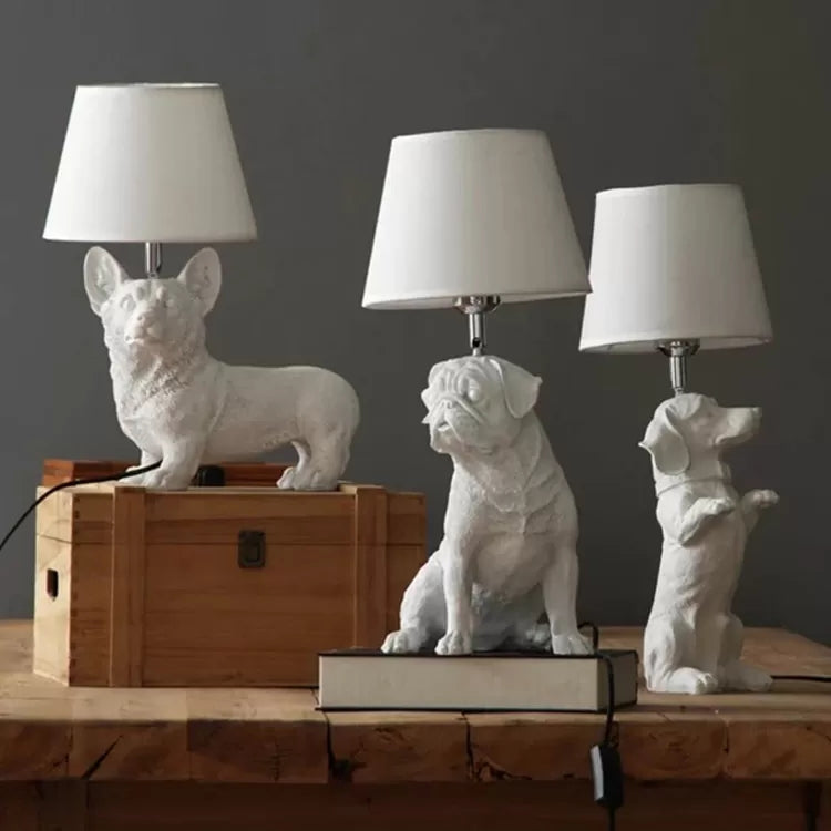 Dog Study Room Table Light with Fabric Shade Resin Single Bulb Modern Table Lamp in White Clearhalo 'Lamps' 'Table Lamps' Lighting' 14749