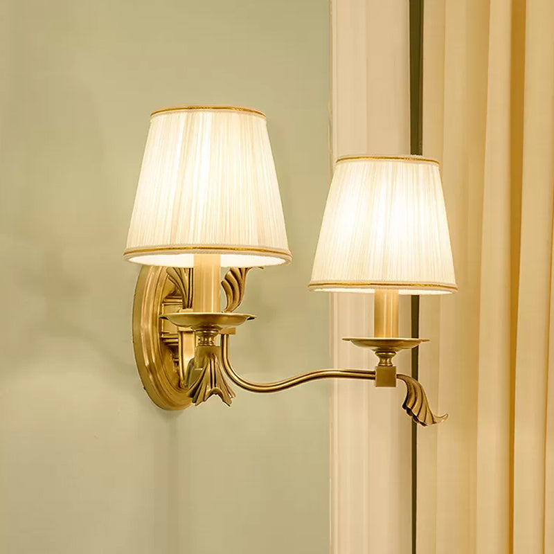 Fabric Gold Wall Lamp Sconce Tapered 1/2-Bulb Colonialism Wall Mounted Light Fixture for Bedroom 2.0 Gold Clearhalo 'Wall Lamps & Sconces' 'Wall Lights' Lighting' 1474911
