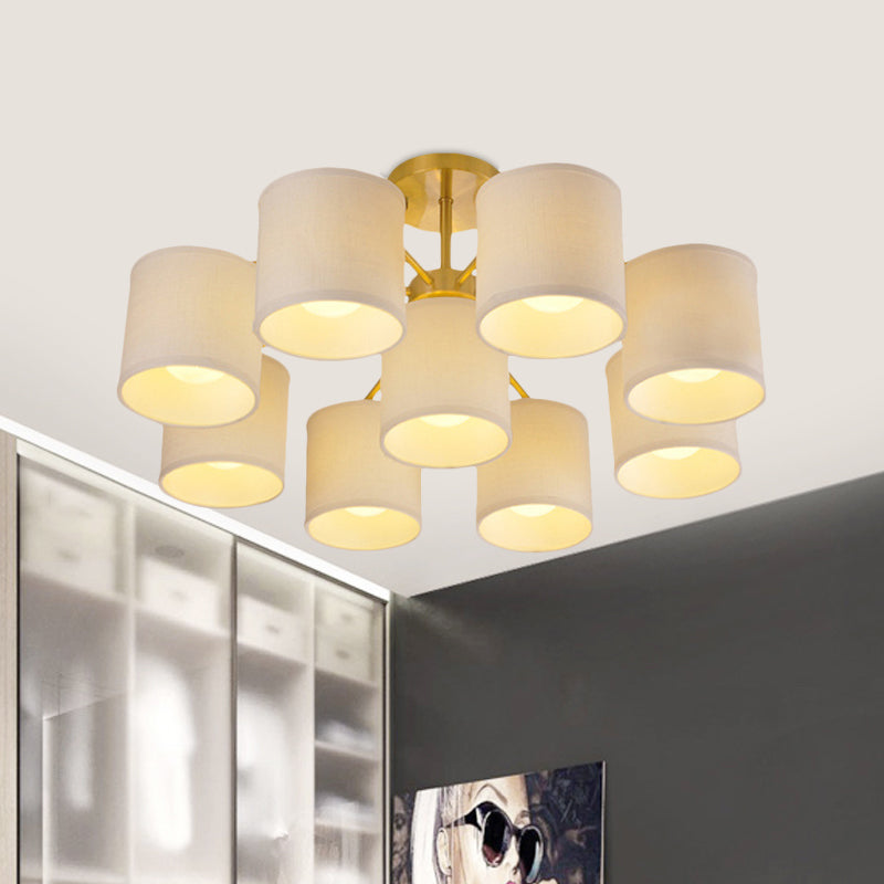 Gold 9 Lights Semi Mount Lighting Colonialist Fabric Cylinder Metal Ceiling Light Fixture for Living Room