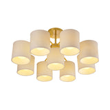 Gold 9 Lights Semi Mount Lighting Colonialist Fabric Cylinder Metal Ceiling Light Fixture for Living Room