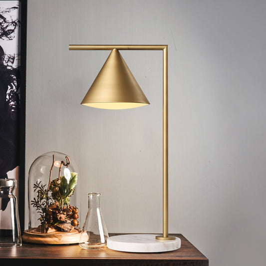 1 Head Metal Table Light Colonialist Gold Conical Bedroom Nightstand Lamp with Marble Base Clearhalo 'Lamps' 'Table Lamps' Lighting' 1475026