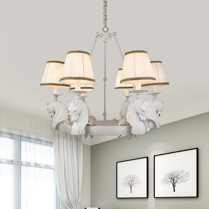 Tapered Fabric Chandelier Light Fixture Country 6 Heads Living Room Pendant Lamp in White/Bronze with Metal Horse Head Design White Clearhalo 'Ceiling Lights' 'Chandeliers' Lighting' options 1475042_8dfc7c6e-1f66-406a-ae85-b1a026653935