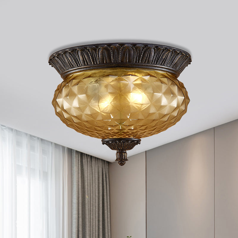 8"/12.5" W Prismatic Glass Black Flush Mount Lamp Urn-Shaped/Teardrop 2-Head Countryside Ceiling Mounted Fixture Clearhalo 'Ceiling Lights' 'Close To Ceiling Lights' 'Close to ceiling' 'Flush mount' Lighting' 1475060