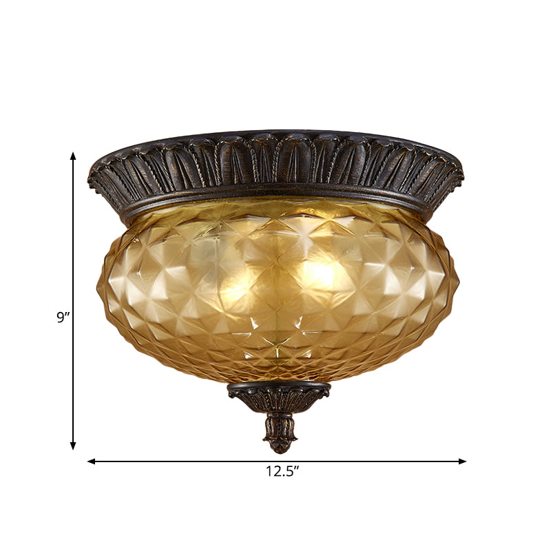8"/12.5" W Prismatic Glass Black Flush Mount Lamp Urn-Shaped/Teardrop 2-Head Countryside Ceiling Mounted Fixture Clearhalo 'Ceiling Lights' 'Close To Ceiling Lights' 'Close to ceiling' 'Flush mount' Lighting' 1475063