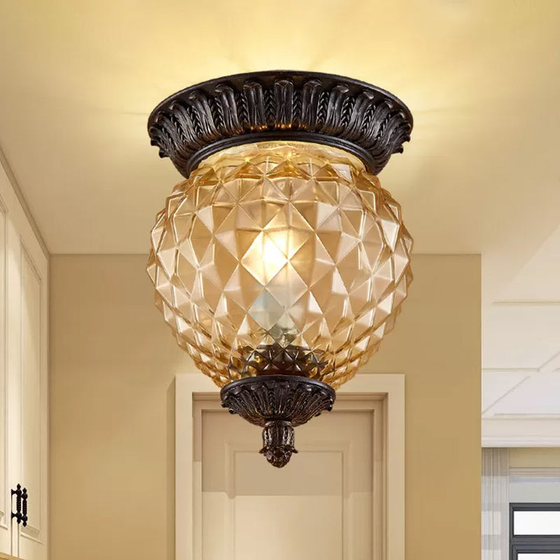 8"/12.5" W Prismatic Glass Black Flush Mount Lamp Urn-Shaped/Teardrop 2-Head Countryside Ceiling Mounted Fixture Clearhalo 'Ceiling Lights' 'Close To Ceiling Lights' 'Close to ceiling' 'Flush mount' Lighting' 1475064
