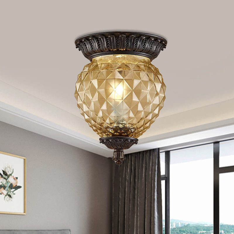 8"/12.5" W Prismatic Glass Black Flush Mount Lamp Urn-Shaped/Teardrop 2-Head Countryside Ceiling Mounted Fixture Clearhalo 'Ceiling Lights' 'Close To Ceiling Lights' 'Close to ceiling' 'Flush mount' Lighting' 1475065