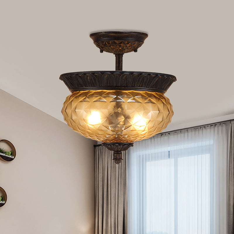 2 Lights Urn Shade Semi Flush Light Countryside Black Finish Prismatic Glass Ceiling Mount for Dining Room Clearhalo 'Ceiling Lights' 'Close To Ceiling Lights' 'Close to ceiling' 'Semi-flushmount' Lighting' 1475080