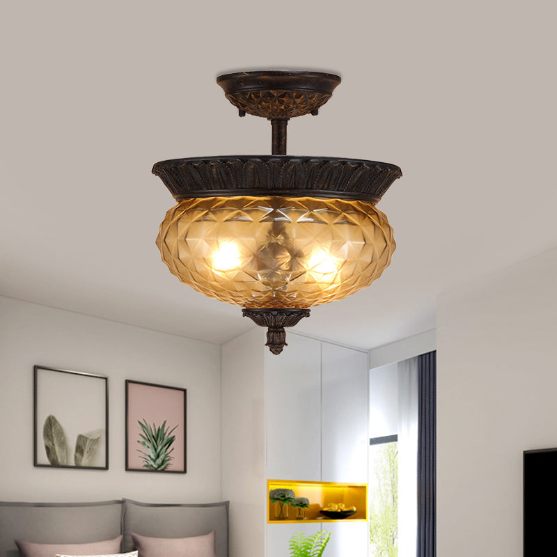 2 Lights Urn Shade Semi Flush Light Countryside Black Finish Prismatic Glass Ceiling Mount for Dining Room Clearhalo 'Ceiling Lights' 'Close To Ceiling Lights' 'Close to ceiling' 'Semi-flushmount' Lighting' 1475081