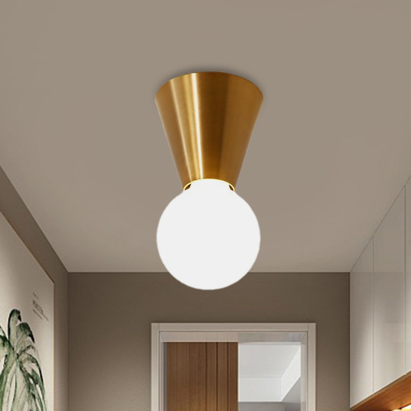 Small Cone Corridor Ceiling Flush Metal Single Minimalist Flush Mounted Lamp in Brass with Bottom Orb Glass Shade Brass Clearhalo 'Ceiling Lights' 'Close To Ceiling Lights' 'Close to ceiling' 'Flush mount' Lighting' 1475094