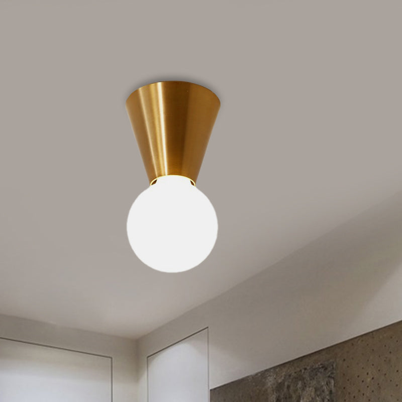 Small Cone Corridor Ceiling Flush Metal Single Minimalist Flush Mounted Lamp in Brass with Bottom Orb Glass Shade Clearhalo 'Ceiling Lights' 'Close To Ceiling Lights' 'Close to ceiling' 'Flush mount' Lighting' 1475095