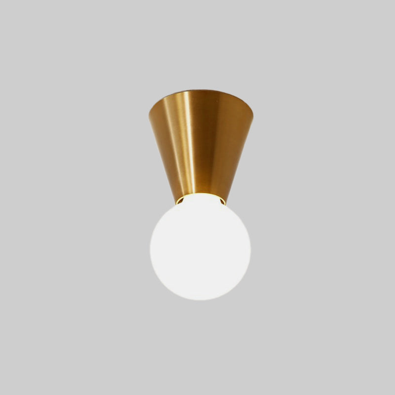 Small Cone Corridor Ceiling Flush Metal Single Minimalist Flush Mounted Lamp in Brass with Bottom Orb Glass Shade Clearhalo 'Ceiling Lights' 'Close To Ceiling Lights' 'Close to ceiling' 'Flush mount' Lighting' 1475097
