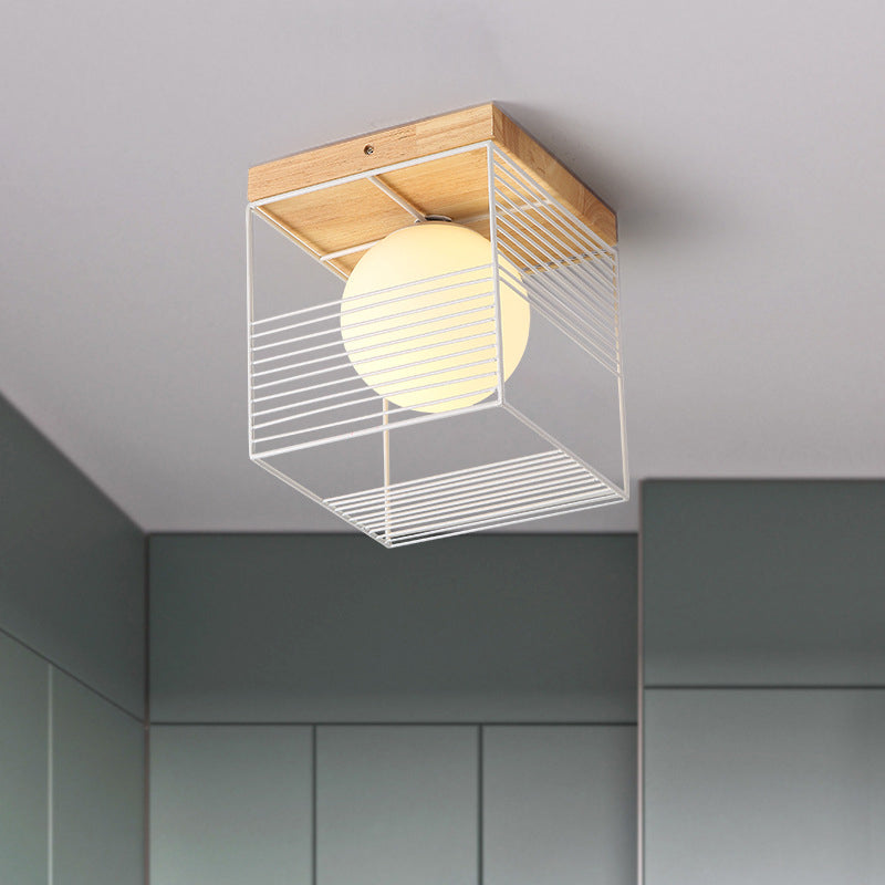 Black/White Cubic Cage Small Ceiling Lamp Nordic 1 Head Iron Flush Light Fixture with Inner Ball Glass Shade and Wood Canopy - Clearhalo - 'Ceiling Lights' - 'Close To Ceiling Lights' - 'Close to ceiling' - 'Flush mount' - Lighting' - 1475099
